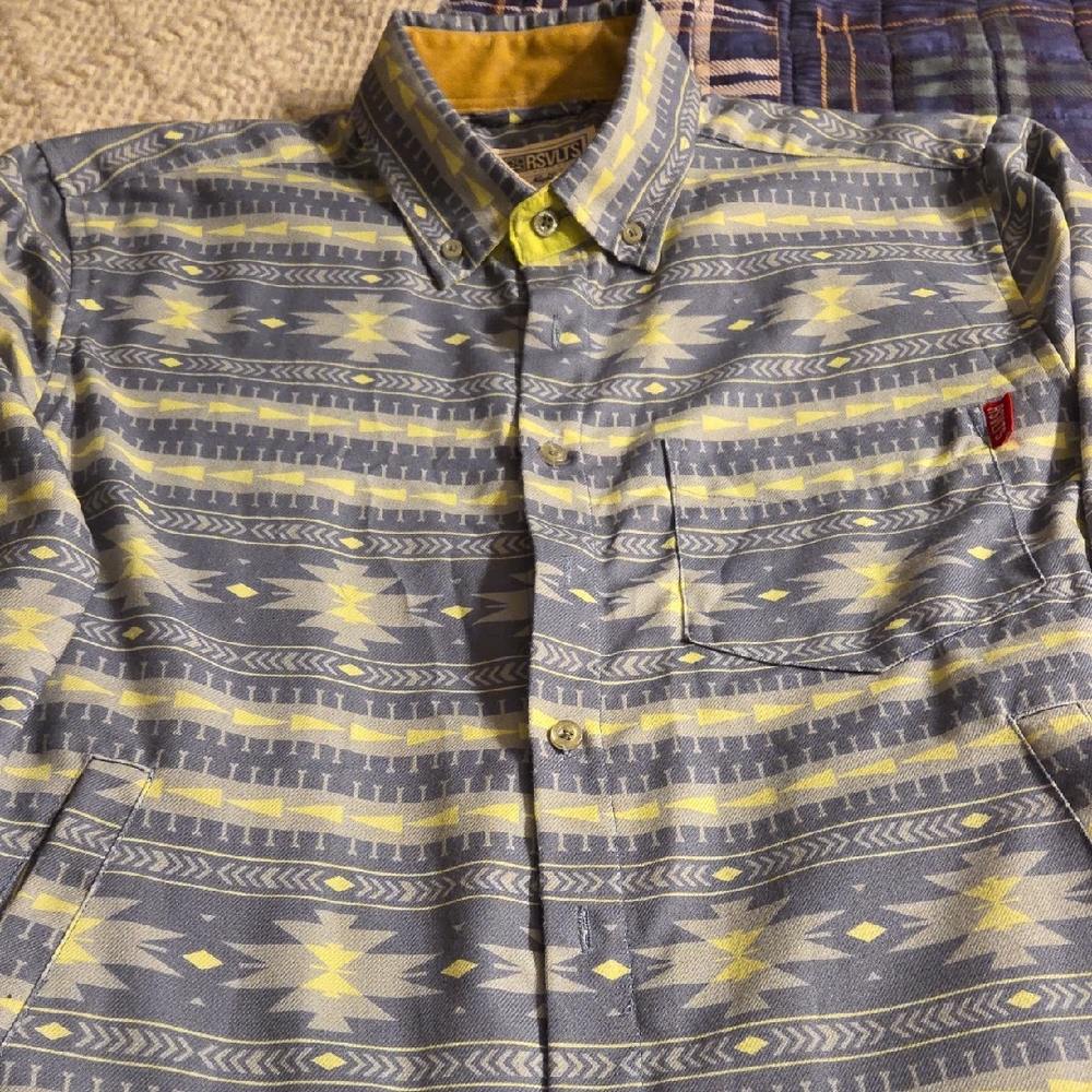 RSVLY Men's Gray and Yellow Patterned Flannel Long Sleeve Shirt
